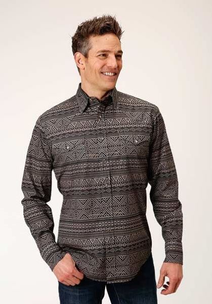 Roper Mens Grey Tonal Horizontal Aztec Print Longsleeve Mens Shirt 0300100670775GY