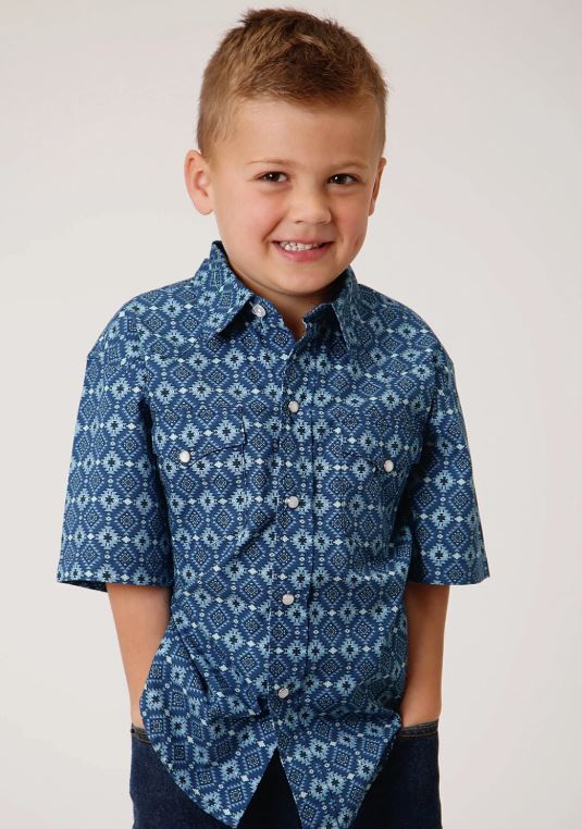 Roper Mini Aztec Blue Boys Collared Short Sleeve Shirt 303100640309BU