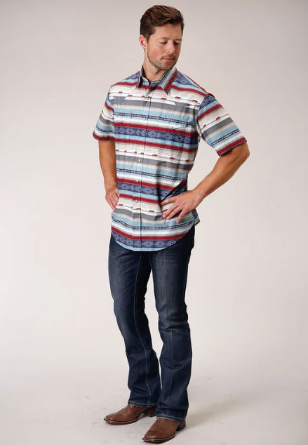 Roper Multicolor Aztec Stripe Men's Collared Short Sleeve Snap Shirt 03-002-0067-4019 MU