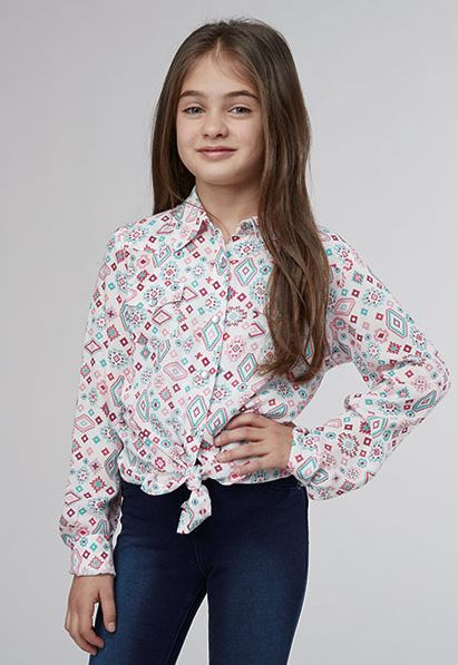 Roper Multicolored Scattered Aztec Print Girl's Printed Rayon Collared Longsleeve Snap Western Blouse 308005904009MU