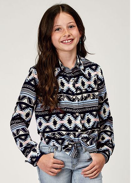 Roper Navy Aztec Printed Rayon Girl's Collared Long Sleeve Snap Blouse 308005902063BU