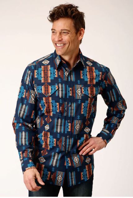 Roper Navy/Multi Aztec Stripe Men's Collared Long Sleeve Snap Shirt 03-001-0485-0613 BU