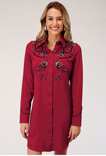 Roper Old West Collection Red Women's Long Sleeve Collared Dress With Embroidery 0305700400670RE