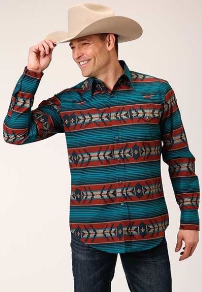 Roper Ombre Aztec Horizontal Stripe Men's Long Sleeve SNap Shirt 300100671012RT