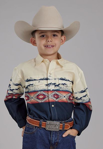 Roper Open Range Border Scenic Boys Collared Longsleeve Snap Shirt 03-030-0421-0648 BU