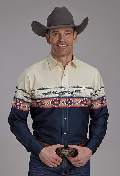 Roper Open Range Border Scenic Men's Collared Longsleeve Vintage Style Snap Shirt 03-001-0421-0648 BU