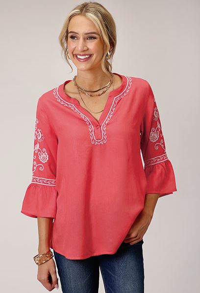 Roper Orange 3/4 Bell Sleeve Pullover Women's Split V Neck Shirt in Watermelon Rayon Challis 305005653022OR