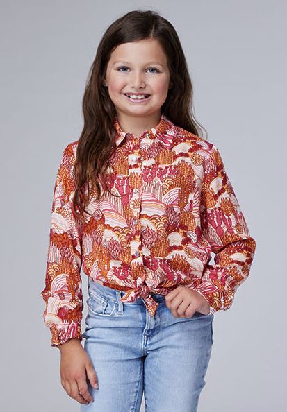 Roper Pink Girl's Groovy Cacti Printed Rayon Longsleeve Collared Snap Western Blouse 308005904045PI