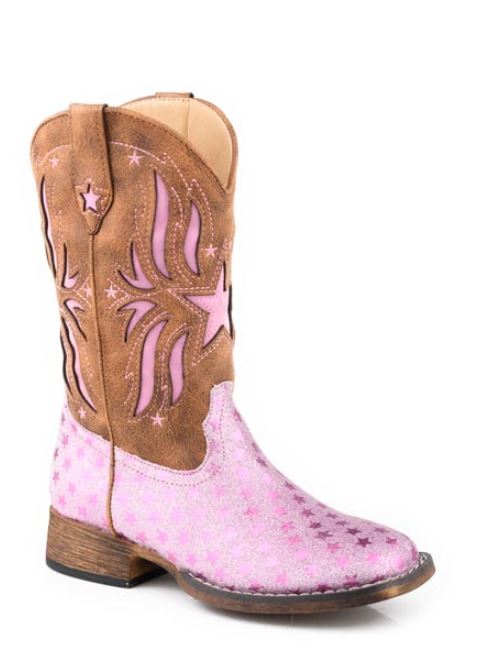 Roper Pink Glitter Star Vamp/Tan Shaft Little Kids Wide Square Toe Boots with Glitter Underlay 0901819033619PI