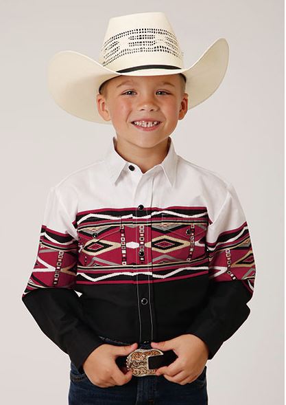 Roper Red/Black/White Tribal Border Boy's Collared Long Sleeve Vintage Style Snap Shirt 03-030-0431-0409 BL