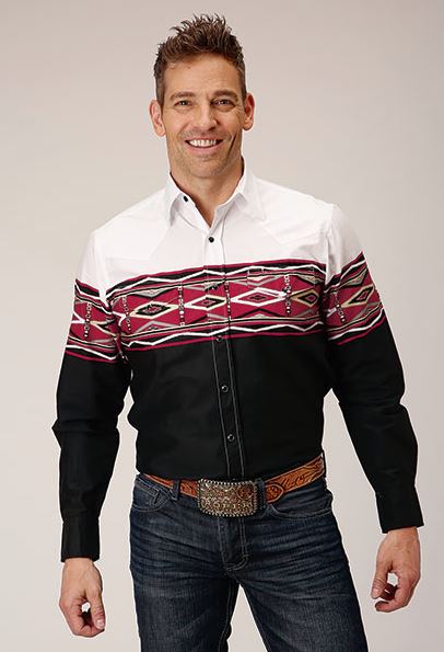 Roper Red/Black/White Tribal Border Men's Collared Longsleeve Vintage Style Snap Shirt 03-001-0431-0409 BL