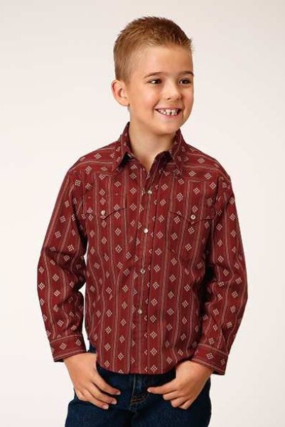 Roper Red Diamond Allover Print Boys Performance Longsleeve Shirt 0303000640774