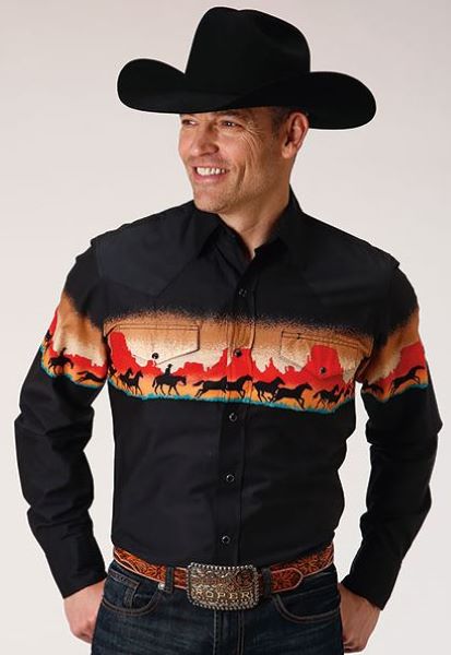 Roper Red Mesa Border Scene Men's Long Sleeve Snap Shirt 300104210630BL