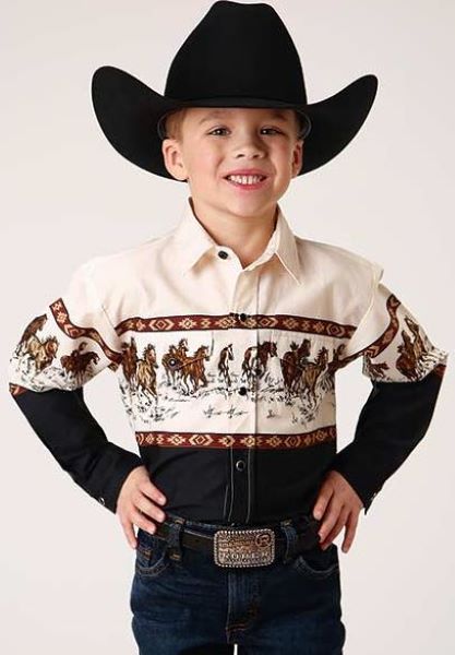 Roper Running Horse Border Print Boy's Long Sleeve Snap Shirt 3304211014BR