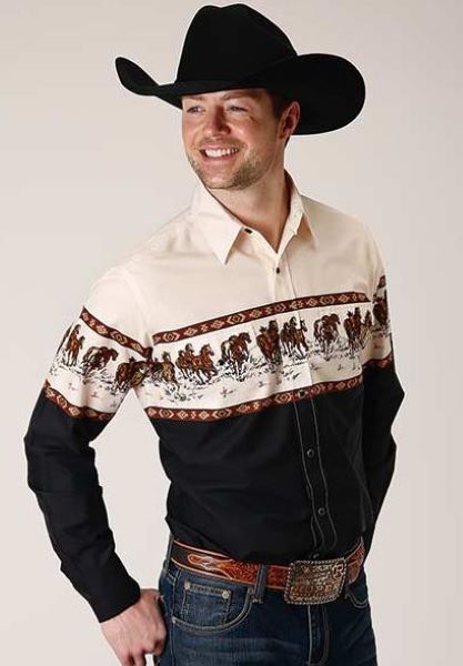 Roper Running Horse Border Print Men's Long Sleeve Snap Front Shirt 300104211014BR