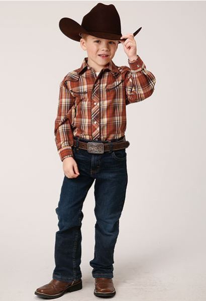 Roper Rust/Brown/Cream Plaid Boy's Long Sleeve Snap Front Western Shirt 1003000166079RT