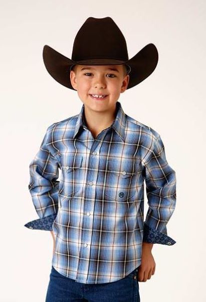 Roper Storm Blue Ombre Plaid Longsleeve Boys Western Shirt 0303002787019BU