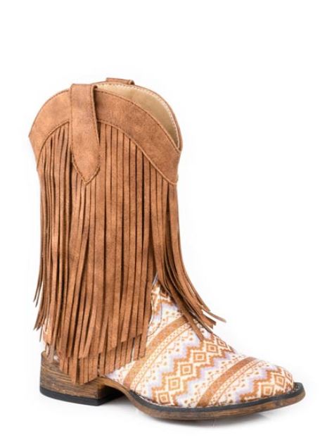 Roper Tan Aztec Glitter Vamp/Fringe Little Kids Wide Square Toe Faux Leather Boots 0901819033503TA