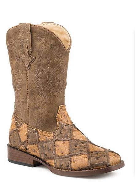 Roper Tan/Brown Patchwork Big Kids Faux Ostrich Wide Square Toe Boots 09119022102TA