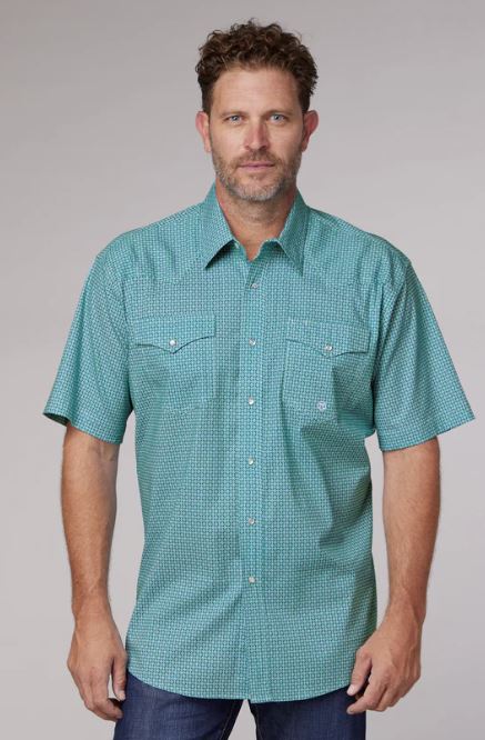 Roper Teal Green with Print Men's Collared Short Sleeve Stretch Snap Shirt 03-002-0225-4400 GR