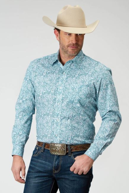 Roper Teal Paisley Print Men's Collared Long Sleeve Stretch Polin Button Front Shirt 03-001-0326-2108 GR