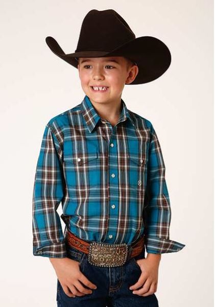 Roper Teal Plaid Longsleeve Boys Western Shirt 0303002787020GR