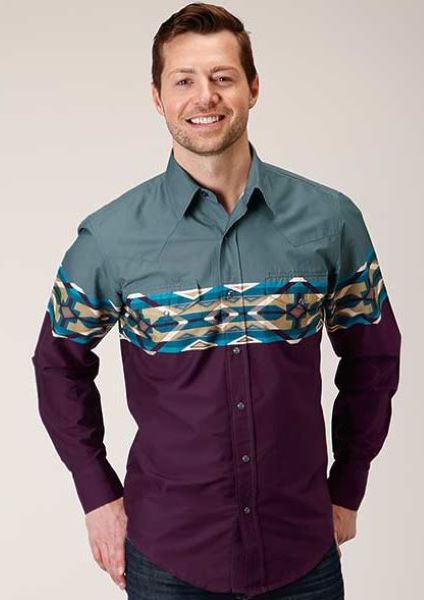 Roper Tile Aztec Border Print Men's Long Sleeve Snap Shirt 300104311015WI