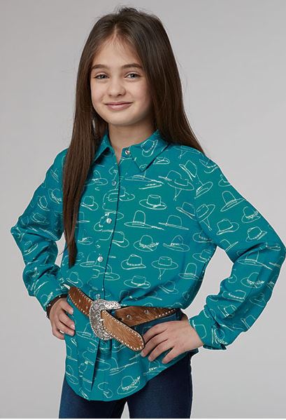 Roper Turquoise Girl's Many Hats Collared Long Sleeve Printed Rayon Blouse 308005904021BU