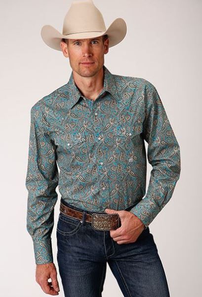 Roper Turquoise Paisley Men's Longsleeve Western Snap Shirt 0300102254010BU