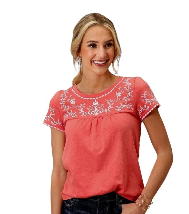 Roper Watermelon color Women's Short Sleeve Peasant Style Western Shirt with Embroidery 303905133026PI