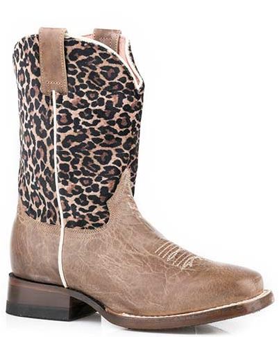 Roper Waxy Brown with Cheetah Printed on Faux Brushed Shaft Big Kids Boots 0911970228260BR
