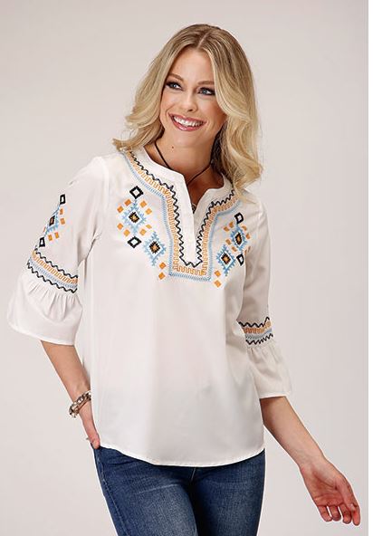 Roper White/Cream 3/4 Bell Sleeve Split Neck Women's Pullover Shirt 305005651019WH