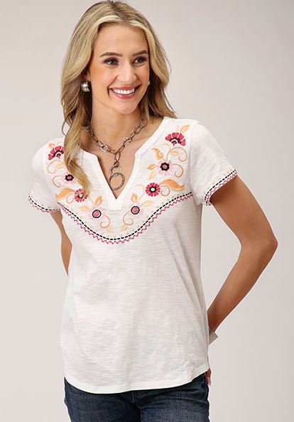Roper White Short Sleeve Split Neck Women's Cotton Slub Jersey Top 303905133025WH
