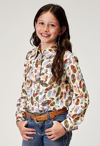 Roper with Multicolors Girl's Feather Toss Printed Rayon Longsleeve Snap Blouse 308005902036MU