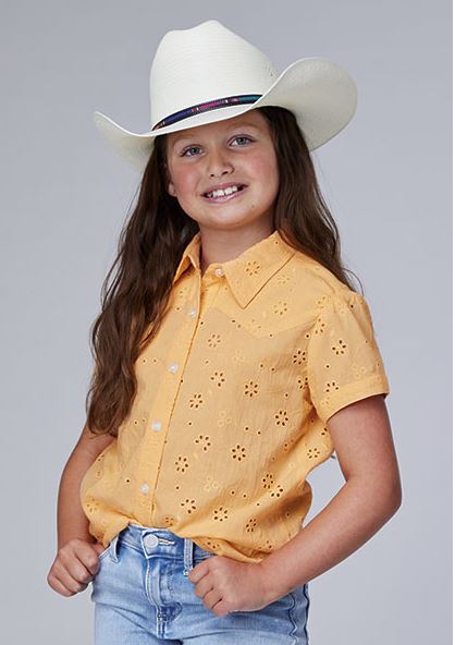 Roper Yellow/Gold Girl's Cotton Eyelet Collared Short Sleeve Blouse 308105924040YE
