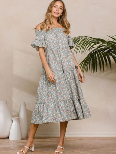 Sage Floral Women's Off Shoulder Smock Neck Midi Dress DD-5-C-DI5494PA