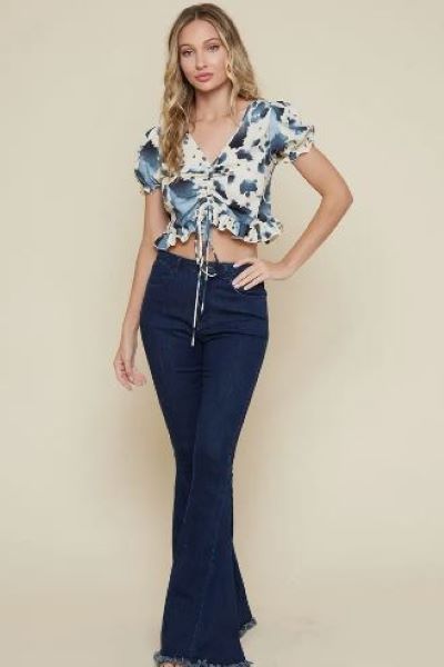 Saints And Hearts Cream/Blue Cow Print Short Sleeve Tie Front Women's Top ST3525A