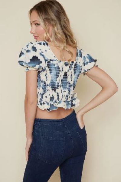 Saints And Hearts Cream/Blue Cow Print Short Sleeve Tie Front Women's Top ST3525A