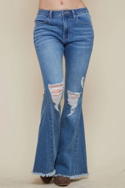 Saints and Hearts Medium Wash Denim Bell Bottom Distressed Jeans SIP6126A