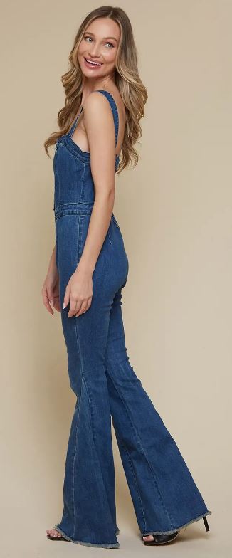 Saints And Hearts Mid Denim Button Down Bell Bottom Denim Jumpsuit SIR4239A