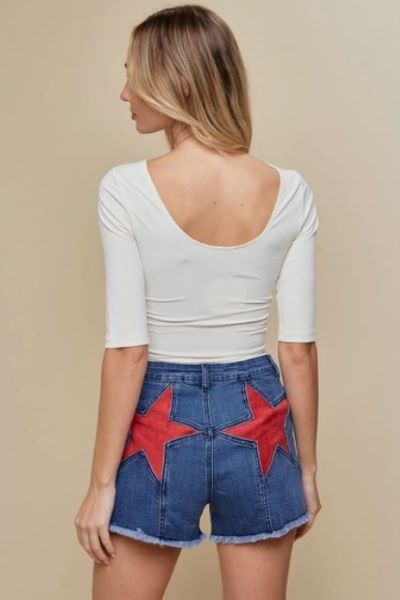 Saints and Hearts Midtone Denim/Red Back Suede Star Detail Womens Denim Shorts SIP6229A