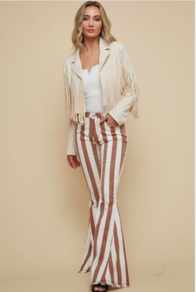 Saints And Hearts Rust Stripe Flare Jeans For Women SIP6106C-RUST