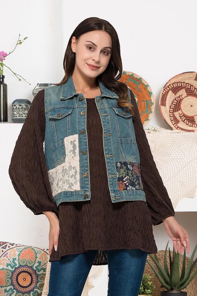 Sassy Bling Medium Blue Denim Patchwork Vest in Plus Sizes BB011J-PLUS