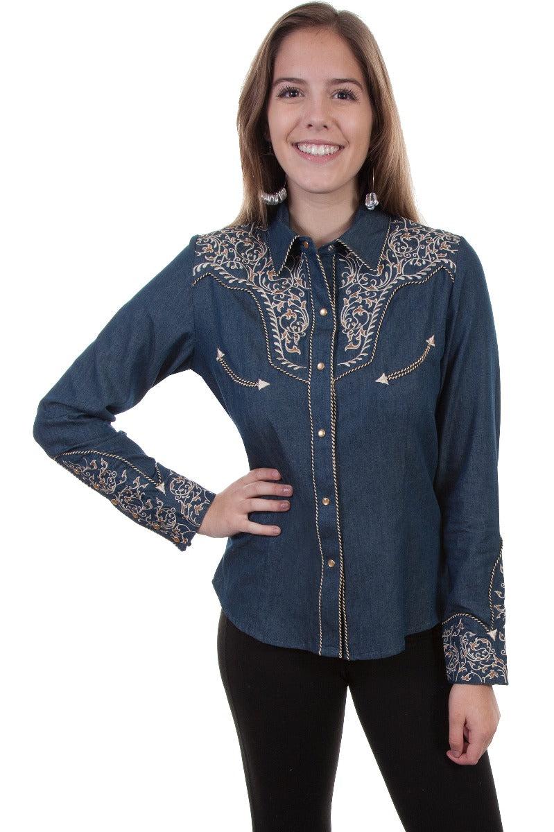 Scull Two Tone Embroidered snap front western shirt PL866 DEN ***Online Only