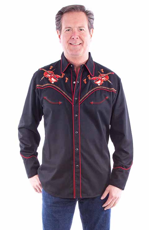 Scully Black Dueling Fiddles Embroidered Men's Long Sleeve Shirt P-917
