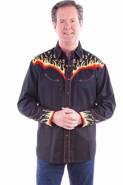 Scully Black Flames to Notes Embroidered Men's Long Sleeve Shirt P-826