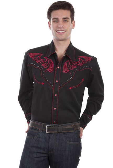 Scully Black Longsleeve Men's Collared Snap Front Shirt with Red Embroidery P-876-BLK