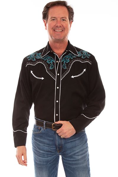 Scully Black Mens Longsleeve Shirt with White Contrast Piping P-903
