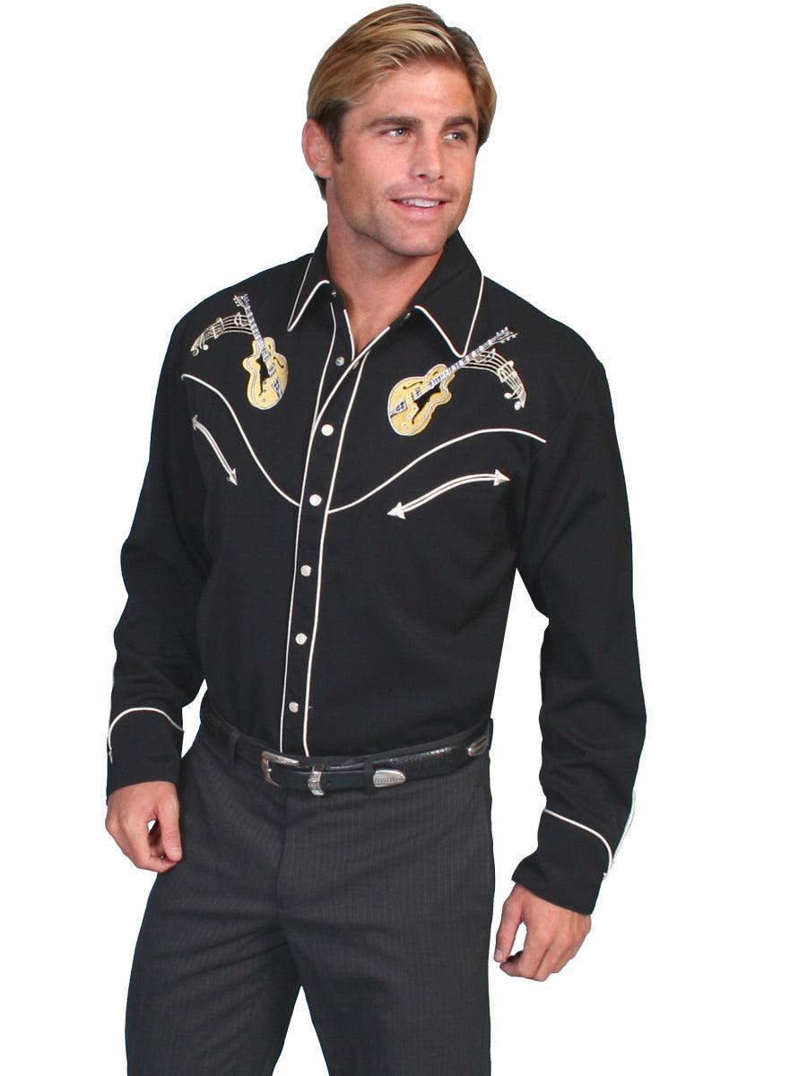 Scully Black Rock N Roll Embroidery Men's Long Sleeve Snap Shirt P-665