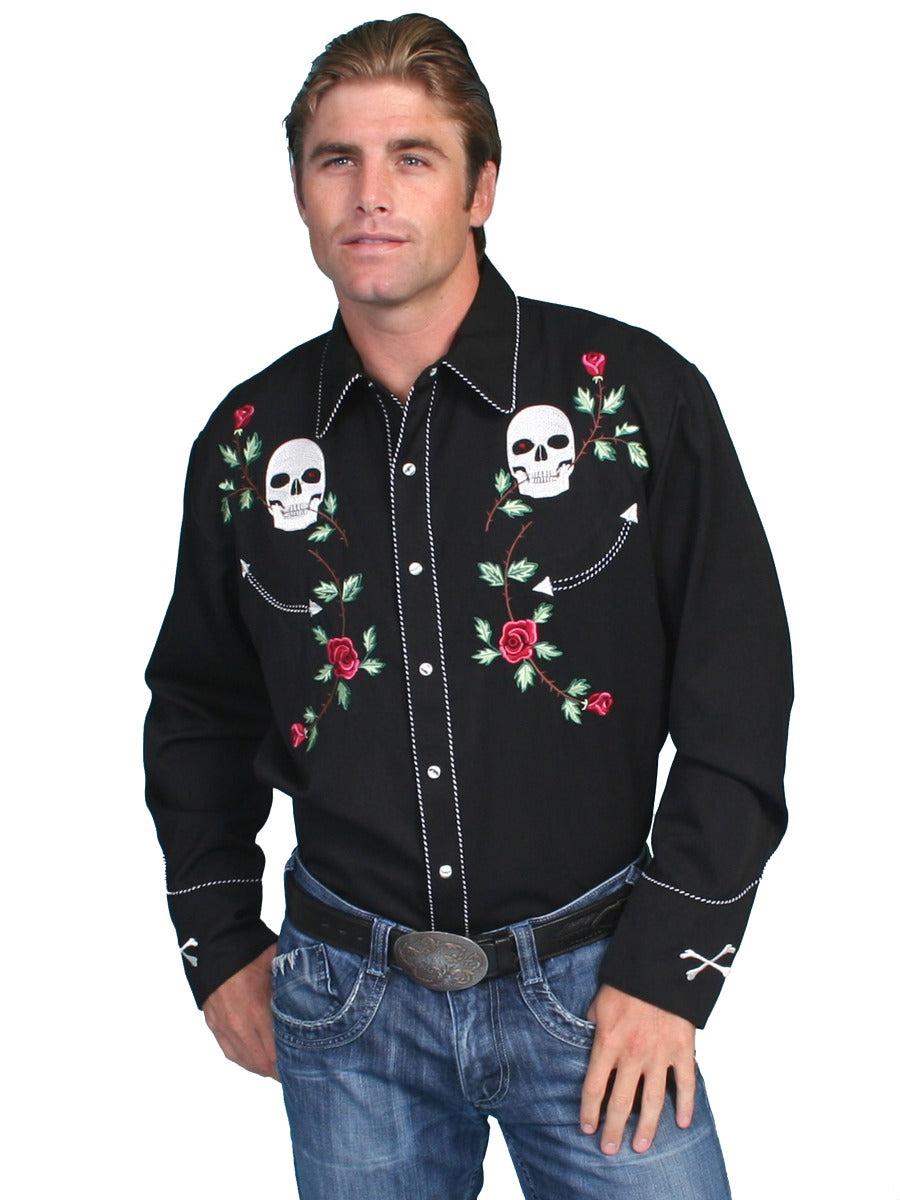 Scully Black Skull/Roses Emboidery Men's Long Sleeve Snap Shirt P-771